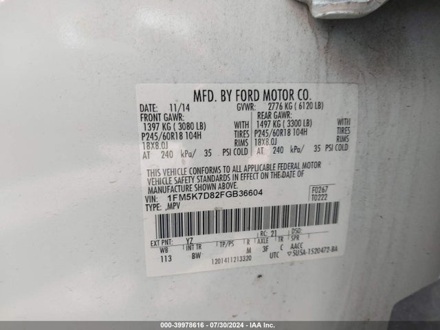 Ford EXPLORER XLT 2015 1FM5K7D82FGB36604 Image 9