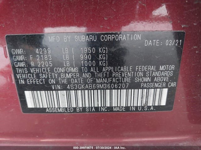 Subaru IMPREZA SEDAN 2021 4S3GKAB69M3606207 Image 9