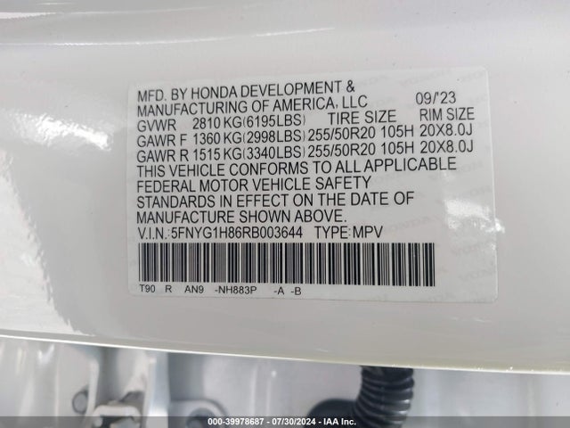 Honda Pilot Awd Elite 2024 5FNYG1H86RB003644 Image 9