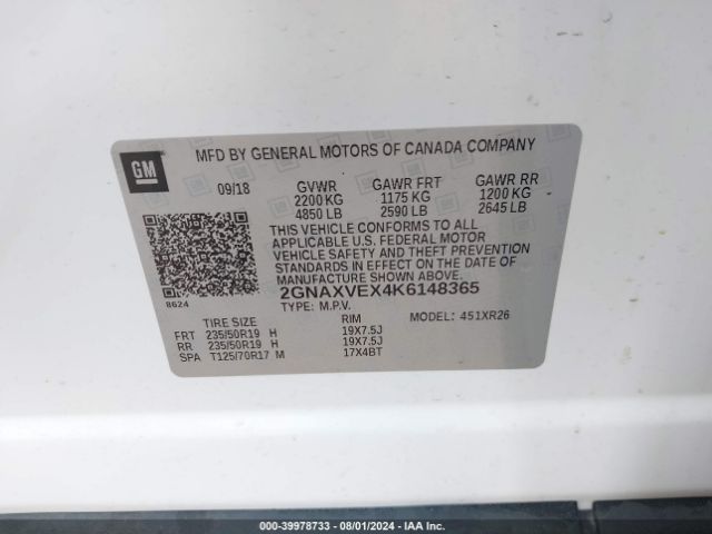 2GNAXVEX4K6148365 Chevrolet EQUINOX LT