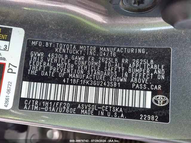 Toyota CAMRY SE 2016 4T1BF1FK3GU243581 Image 9