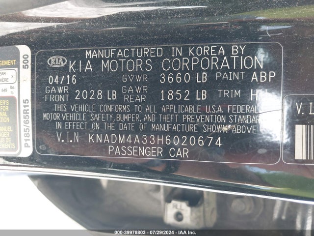 KNADM4A33H6020674 KIA RIO LX