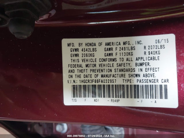 Honda Accord Ex-l V-6 2015 1HGCR3F86FA032957 Image 9