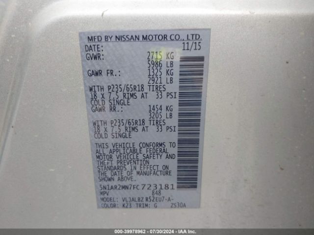 5N1AR2MN7FC723181 Nissan Pathfinder S