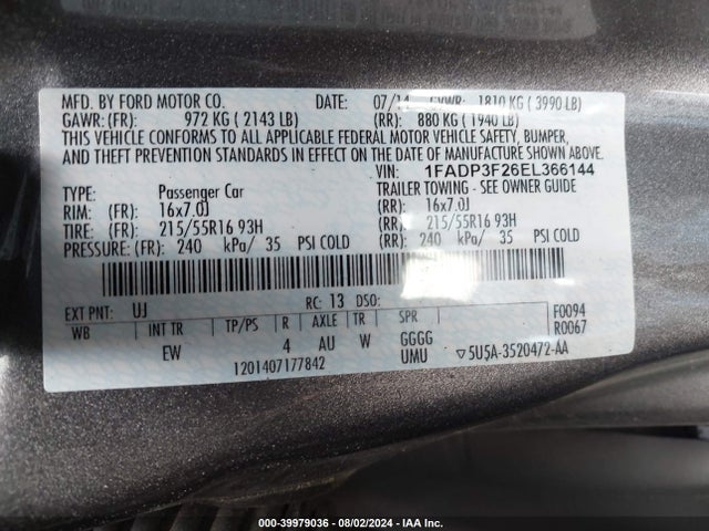 Ford FOCUS SE 2014 1FADP3F26EL366144 Image 9