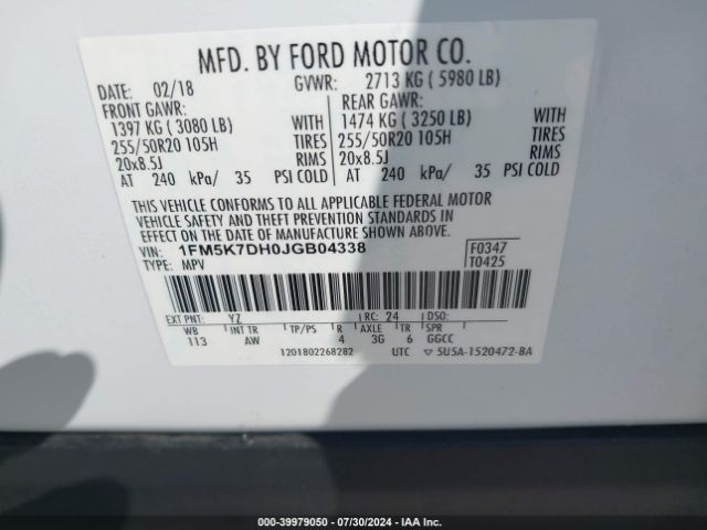 1FM5K7DH0JGB04338 Ford EXPLORER XLT