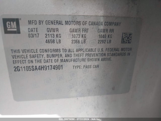 Chevrolet IMPALA 1LT 2017 2G1105SA4H9174901 Image 9