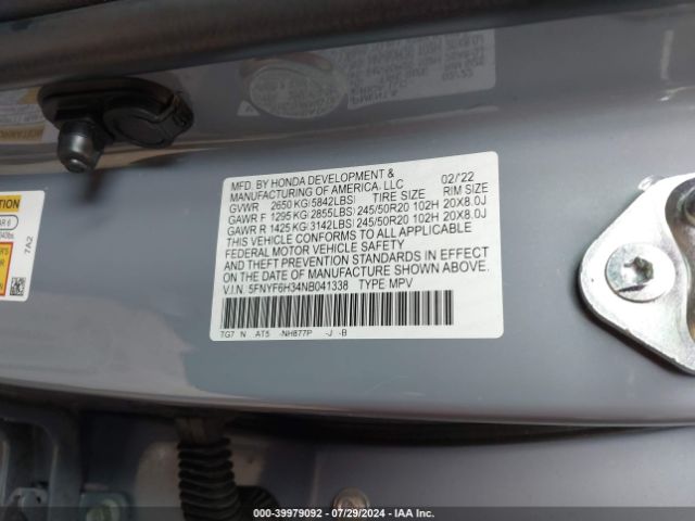 5FNYF6H34NB041338 Honda Pilot Awd Sport