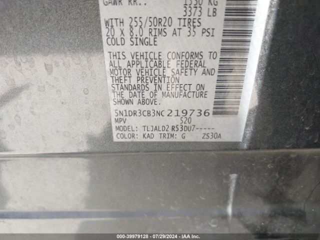 5N1DR3CB3NC219736 Nissan Pathfinder Sl 2wd