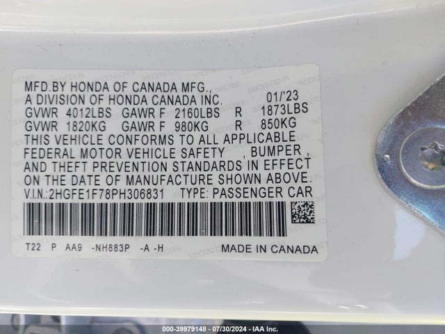 Honda Civic Ex /ex W/o Bsi 2023 2HGFE1F78PH306831 Image 9