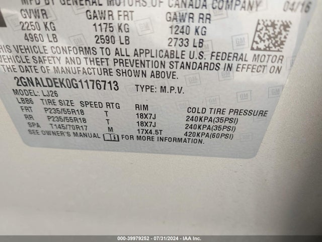 Chevrolet Equinox Ltz 2016 2GNALDEK0G1176713 Image 9