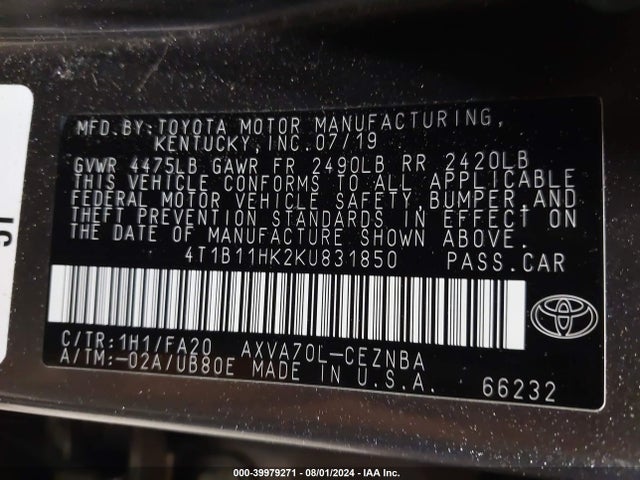 Toyota CAMRY LE 2019 4T1B11HK2KU831850 Image 9