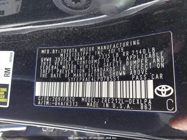 Toyota COROLLA LE 2020 5YFEPRAE4LP078551 Image 9