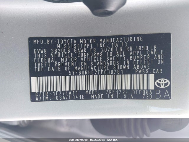 Toyota COROLLA L 2014 5YFBURHE2EP038781 Image 9