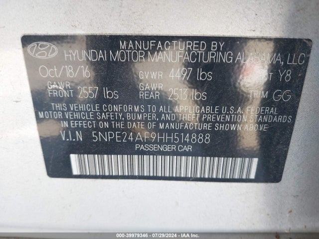 Hyundai Sonata 2017 5NPE24AF9HH514888 Image 9
