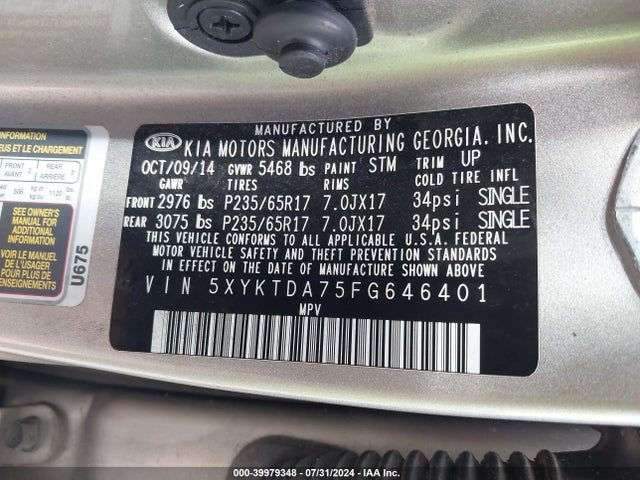 KIA Sorento Lx V6 2015 5XYKTDA75FG646401 Image 9