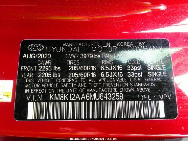 KM8K12AA6MU643259 Hyundai Kona Se