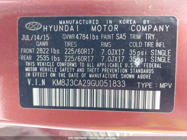 KM8J3CA29GU051833 Hyundai Tucson Eco