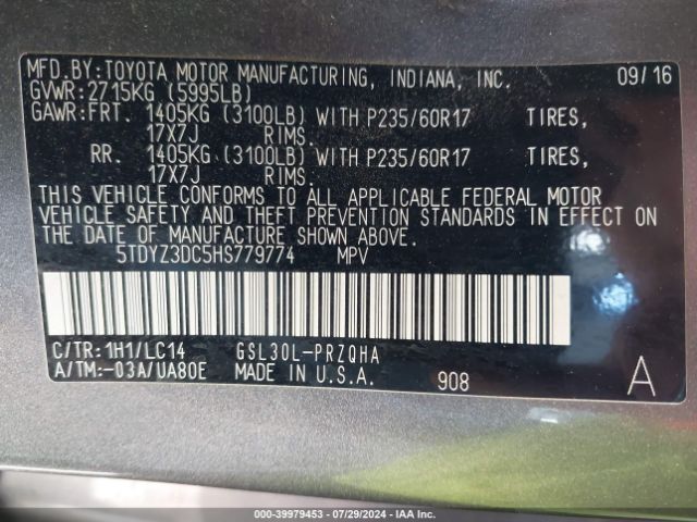 5TDYZ3DC5HS779774 Toyota Sienna Xle 8 Passenger