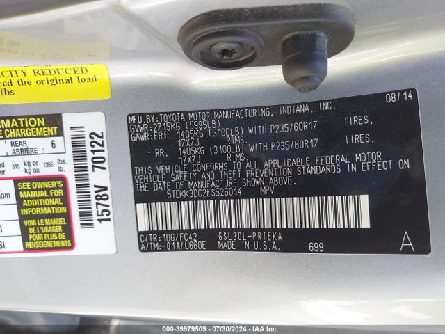 Toyota Sienna Le V6 8 Passenger 2014 5TDKK3DC2ES526014 Image 9