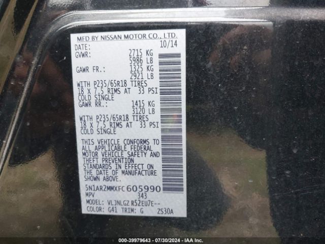 5N1AR2MMXFC605990 Nissan Pathfinder Sl