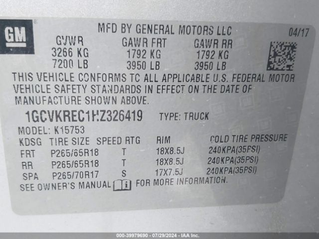 1GCVKREC1HZ326419 Chevrolet Silverado 1500 2lt