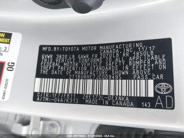 Toyota COROLLA LE 2018 2T1BURHE7JC009495 Image 9