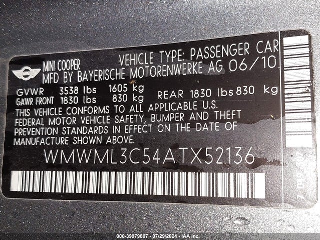 2010 MINI COOPER CLUBMAN WMWML3C54ATX52136 Photo 8