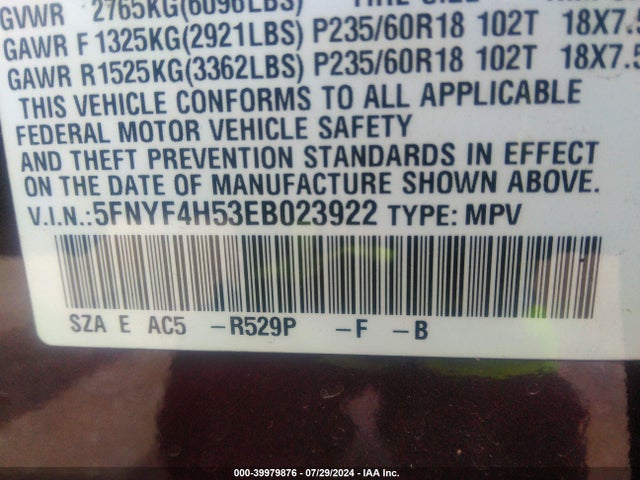 Honda Pilot Ex-l 2014 5FNYF4H53EB023922 Image 9