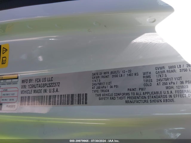 1C6HJTAG8PL522372 Jeep Gladiator Sport S 4x4