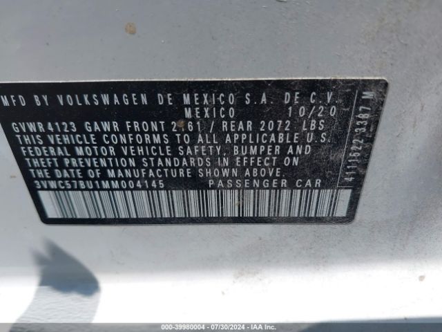 3VWC57BU1MM004145 Volkswagen Jetta 1.4t R-line/1.4t S/1.4t Se