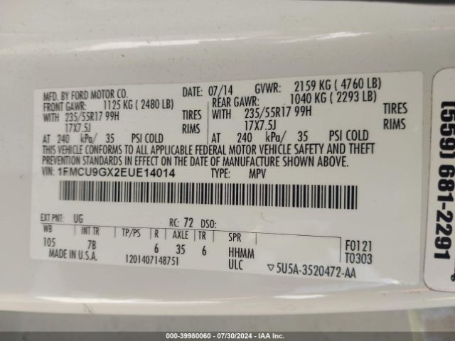 1FMCU9GX2EUE14014 Ford ESCAPE SE