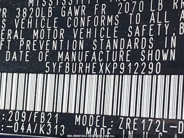 Toyota COROLLA LE 2019 5YFBURHEXKP912290 Image 9
