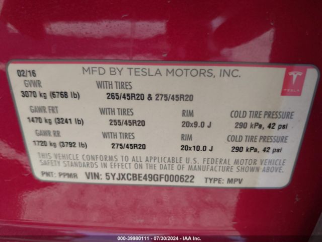 5YJXCBE49GF000622 Tesla Model X 75d/p100d/p90d