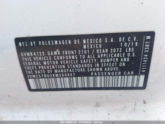 3VWC57BU2KM266897 Volkswagen Jetta 1.4t R-line/1.4t S/1.4t Se