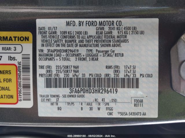 3FA6P0HD3HR296419 Ford FUSION SE