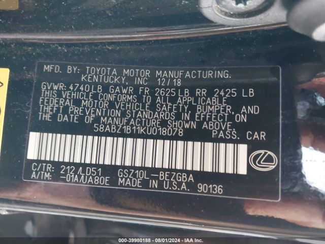 58ABZ1B11KU018078 Lexus ES 350