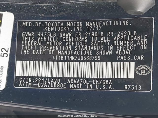4T1B11HK7JU568799 Toyota CAMRY XLE