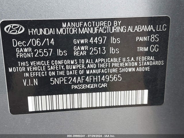 Hyundai SONATA SE 2015 5NPE24AF4FH149565 Image 9