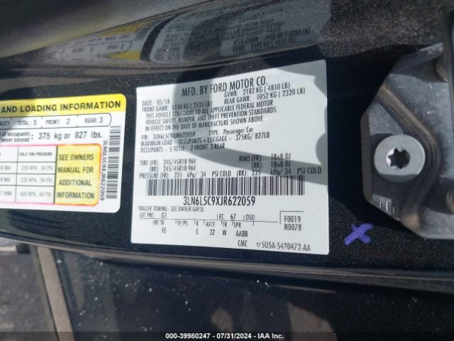 3LN6L5C9XJR622059 Lincoln MKZ SELECT