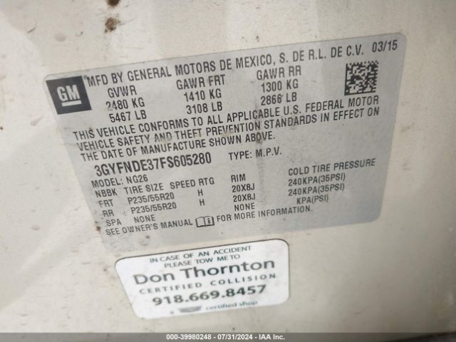 3GYFNDE37FS605280 Cadillac Srx Premium Collection