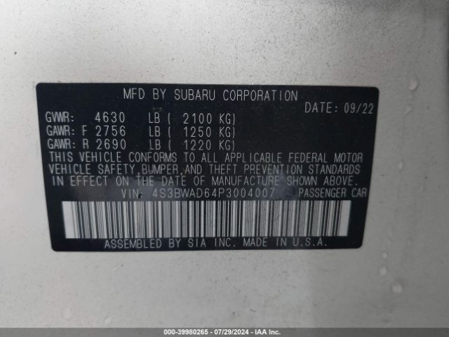 4S3BWAD64P3004007 Subaru Legacy Premium