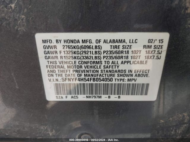 5FNYF4H54FB054050 Honda Pilot Ex-l