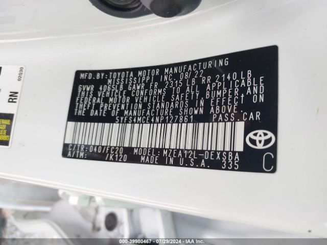 5YFS4MCE4NP127861 Toyota COROLLA SE