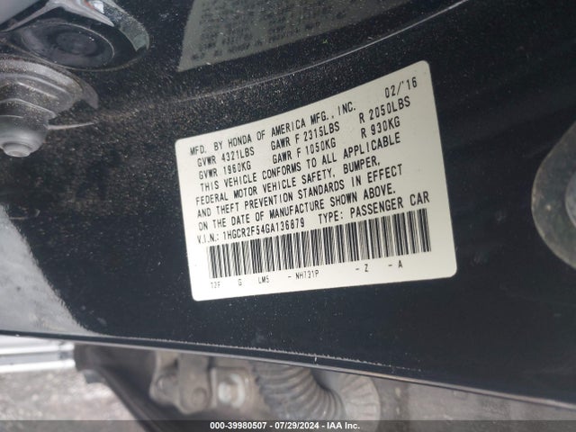 2016 Honda Accord Sport მანქანა იყიდება აუქციონზე, vin: 1HGCR2F54GA136879, აუქციონის ნომერი: 39980507