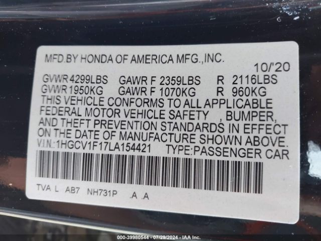 1HGCV1F17LA154421 Honda ACCORD LX