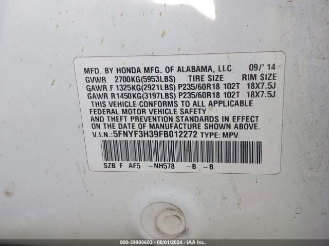 5FNYF3H39FB012272 Honda PILOT SE