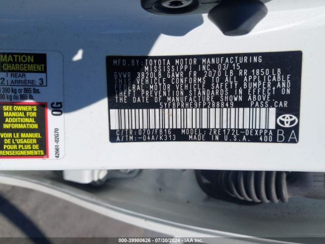 5YFBPRHE9FP288849 Toyota Corolla Le Eco Plus