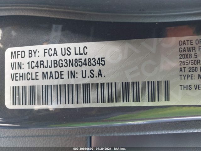 1C4RJJBG3N8548345 Jeep Grand Cherokee L Limited 4x2