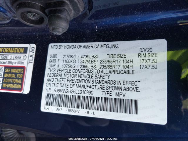 5J6RW2H26LL010990 Honda Cr-v Awd Lx